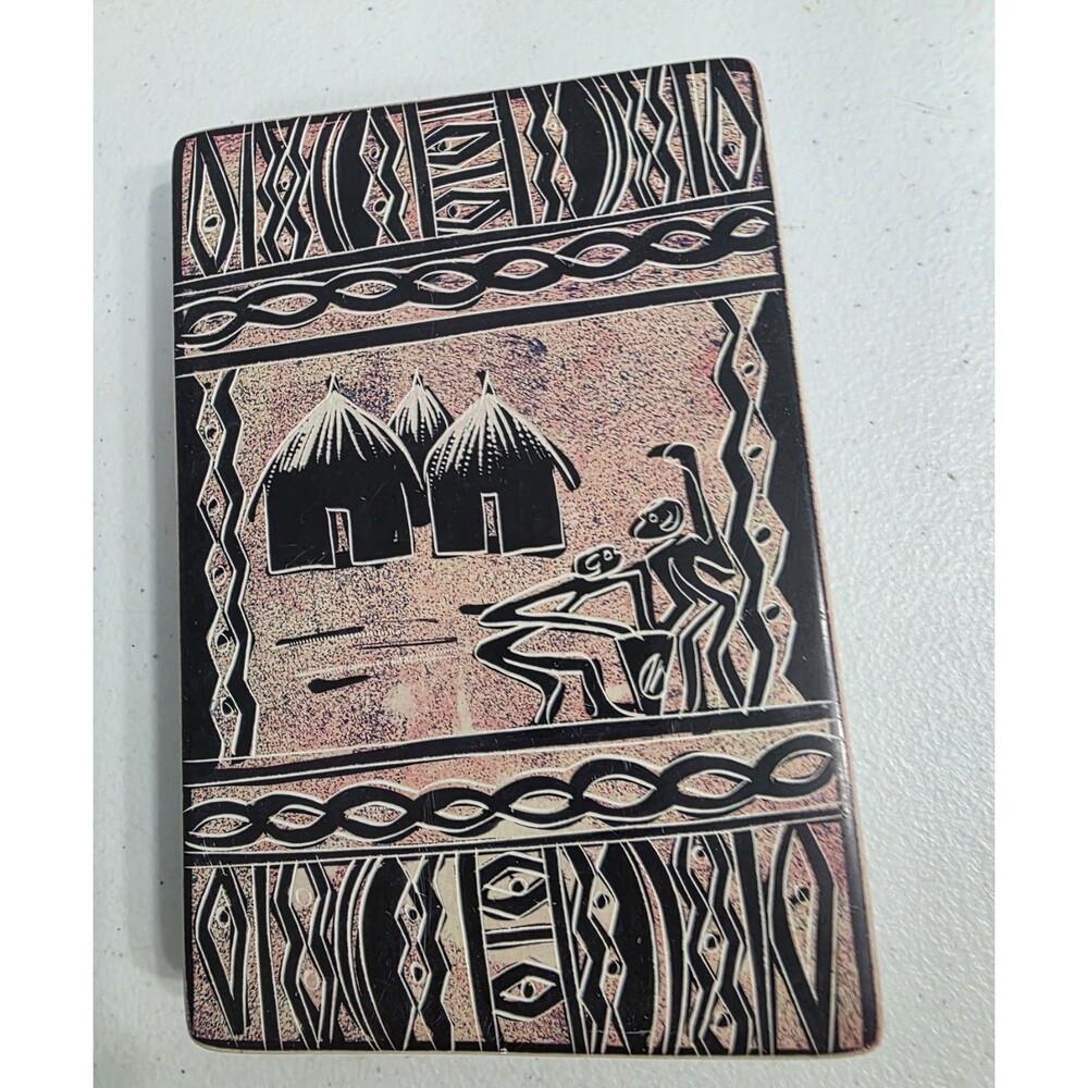Trinket Box Hand Painted Kenyon Soapstone Primitive Tribal Figures Huts 4"x6"